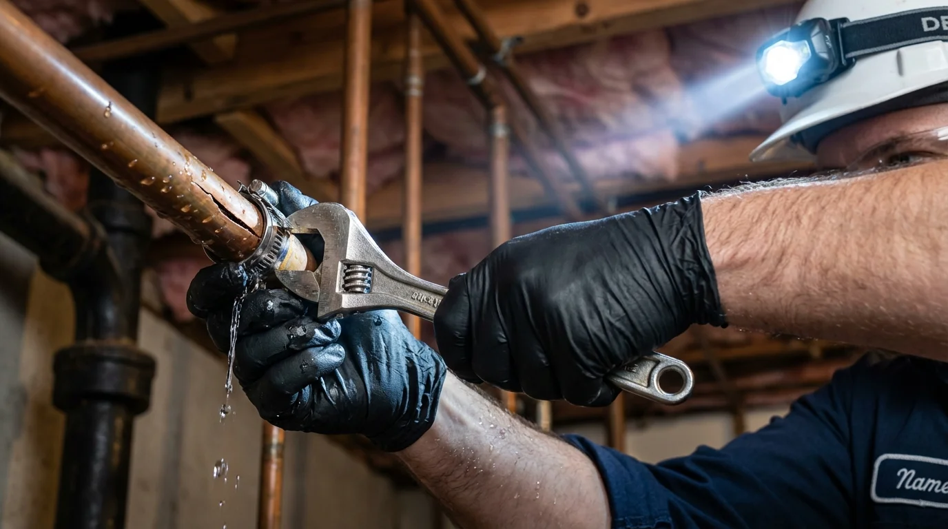 Emergency pipe clamp repair being performed by a Johns Plumbing LLC plumber in Newcastle