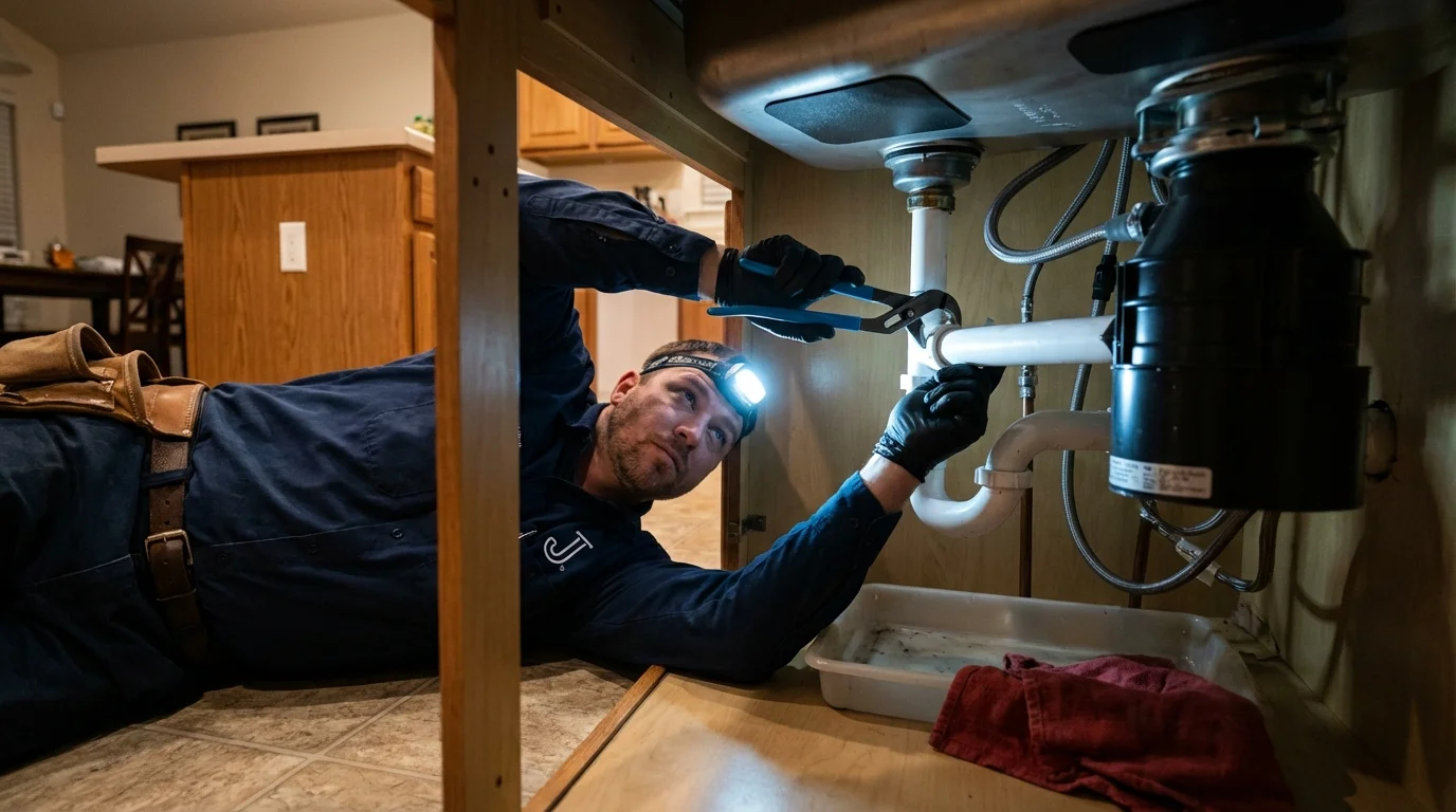 P-trap and supply line connections under a kitchen sink showing a common leak point in Newcastle, CA